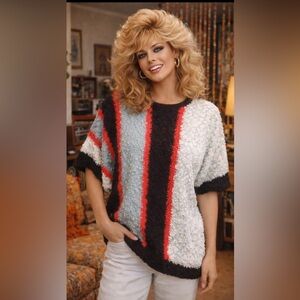 Vintage 80’s knobby knit sweater- batwing oversized fit style- black, grey, red